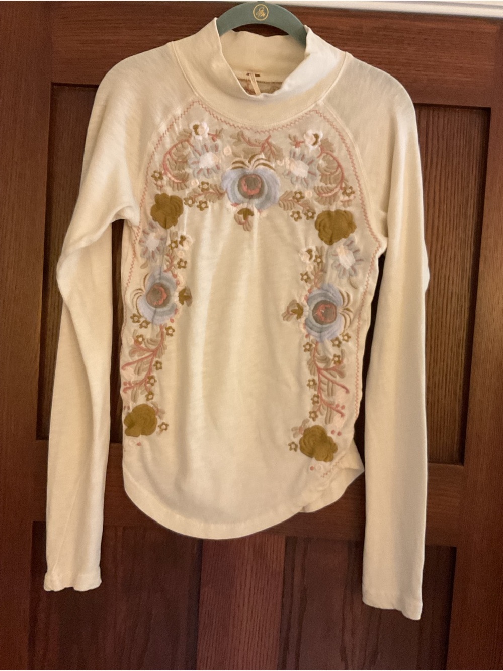 Free People Cream Embroidered Floral Mock Neck Long Sleeve Top Size M